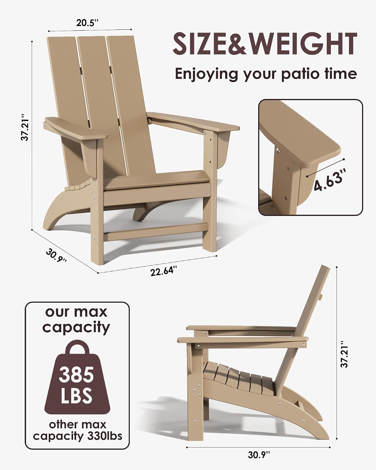 Poly Lumber Adirondack Chairs Set of 2, All-Weather Resistant Outdoor Patio Chairs, Look Like Wood, Pre-Assembled Outdoor Fire Pit Chair for Pool, Deck, Backyard, Garden, Weather Wood