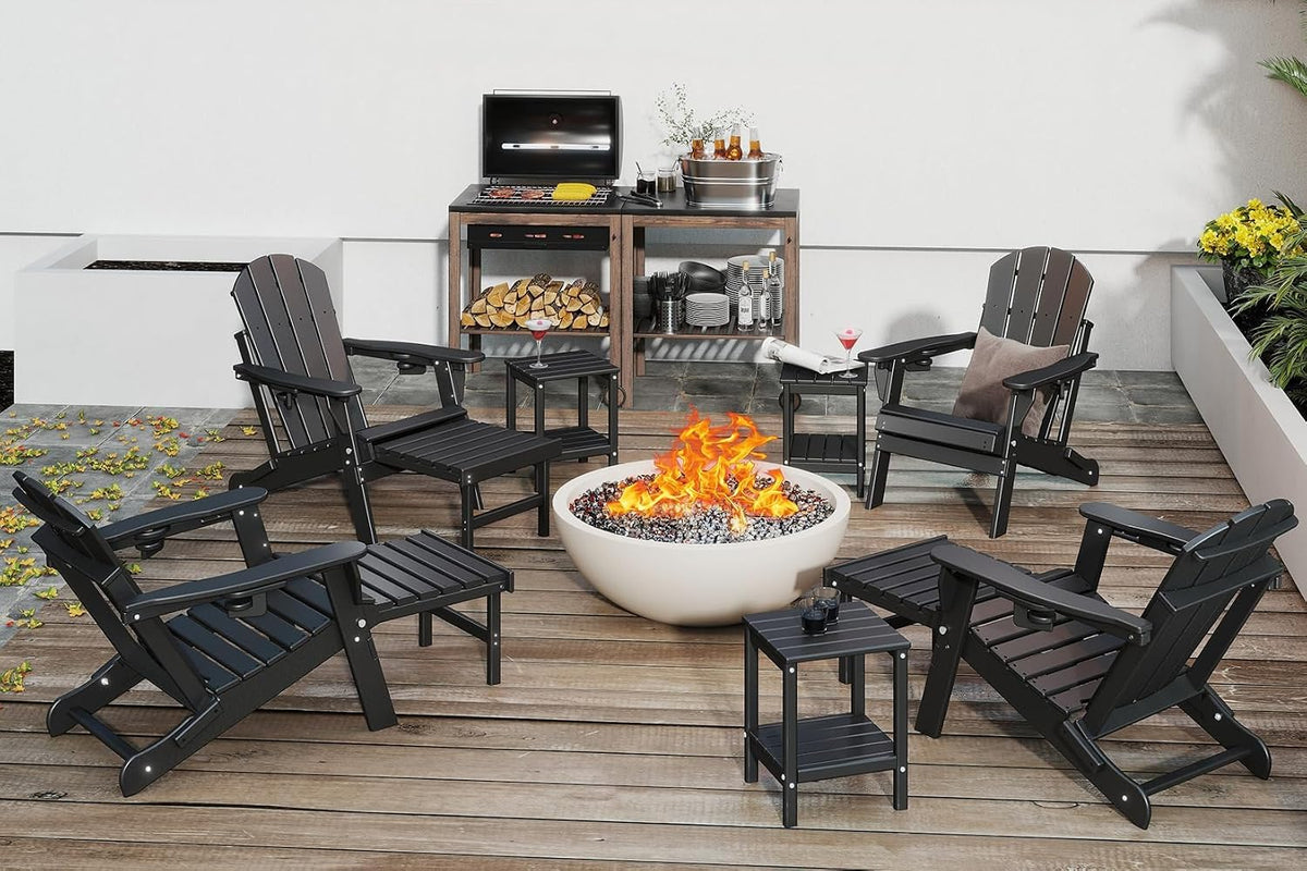 GREENVINES Adjustable Adirondack-Chairs-with-Ottoman Set of 2, HDPE, Black