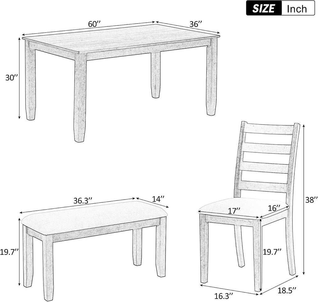 Merax 6 Piece Dining Table Set with Bench, Wooden Rectangular Dining Table with 4 Chairs & a Bench, Kitchen Dining Room Table Chairs Set (Brown + Whitewash)