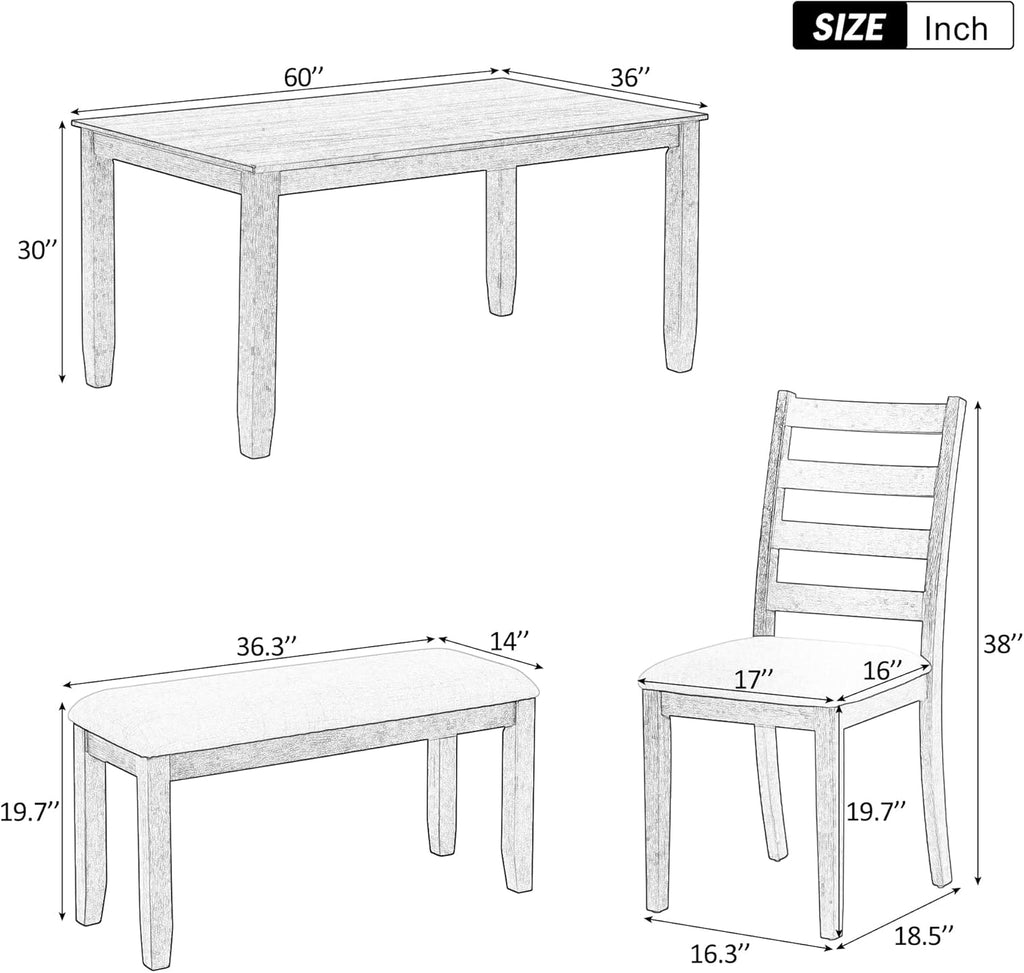 Merax Wooden Dining Table Set with Upholstered Chairs and Bench, 6-Piece Dining Room Table Set for 4-6, Brown+Whitewash