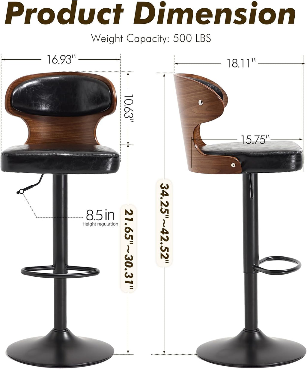 Bar Stool, 360° Swivel Barstools with Solid Wood Back and Footrest, Leather Adjustable Counter Height Chairs for Bar, Kitchen, Dining Room (Black)