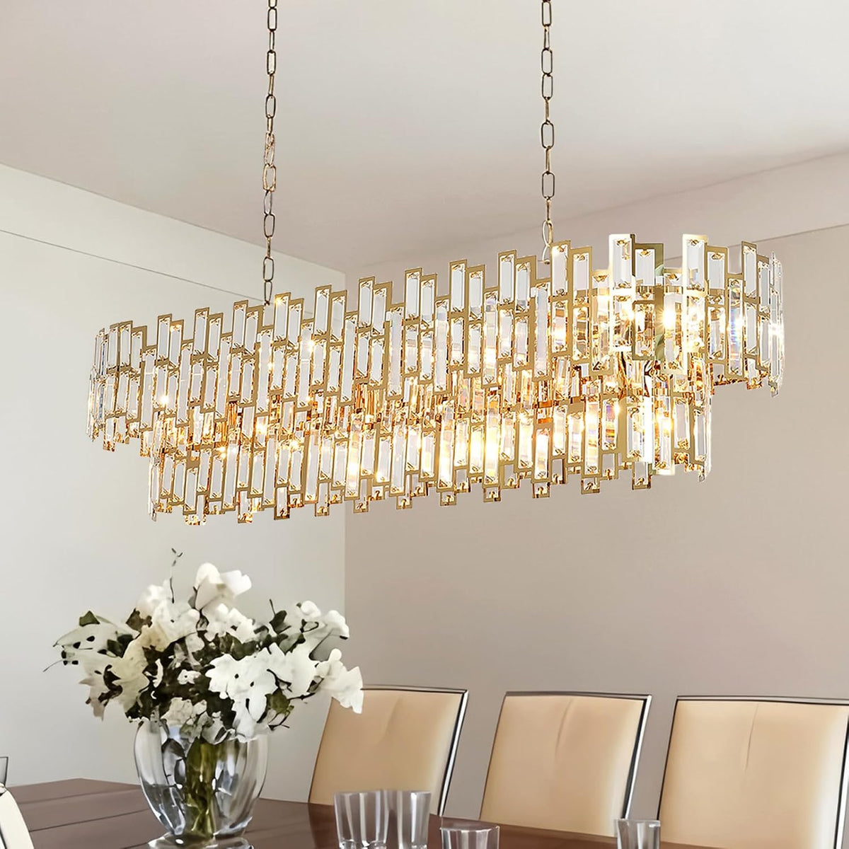 51 Inch Modern Large Crystal Chandelier Light Luxury Gold Rectangular Chandeliers for Dining Room Contemporary Oval Kitchen Island Bar Pendant Ceiling Lamp(Preinstalled K9 Crystals)