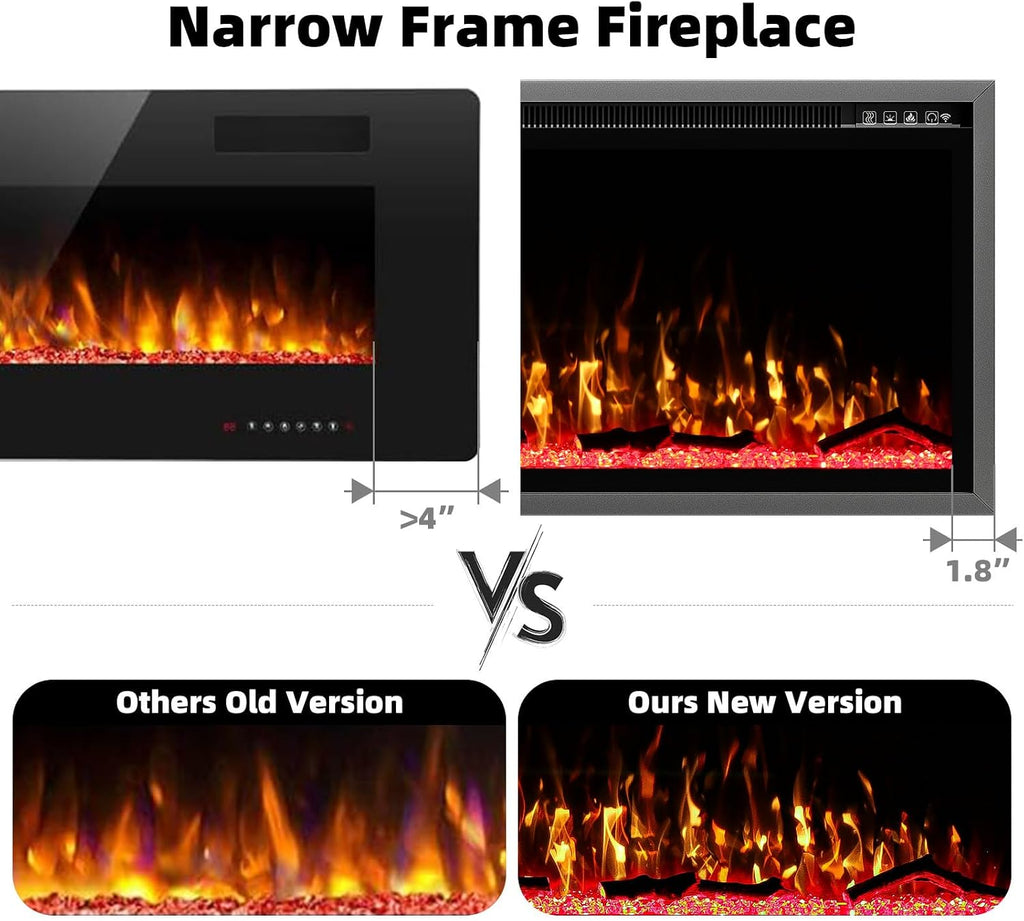 Kucreiheat 42 Inch Electric Fireplace Aluminum Frame-Ultra Silm Fireplace Recessed/Wall Mount, Log, Driftwood & Crystal Option, Wall Fireplace Electric w/Remote Control, Thermostat, Timer, 750w/1500w