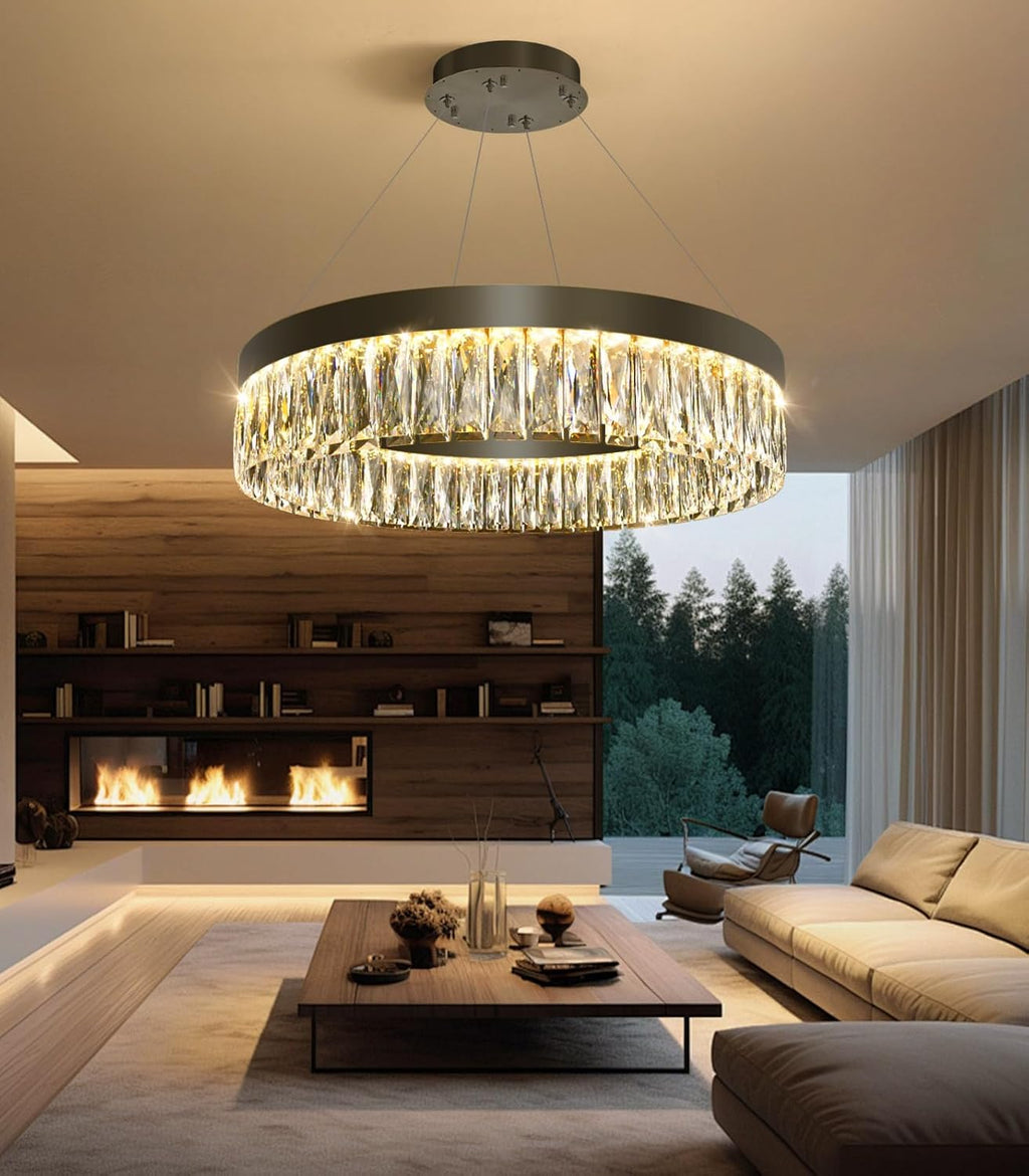 23.6" 1 Ring Modern LED Dimmable Ring Chandelier Adjustable Round Crystal Chandelier for Dining Room Living Room Black