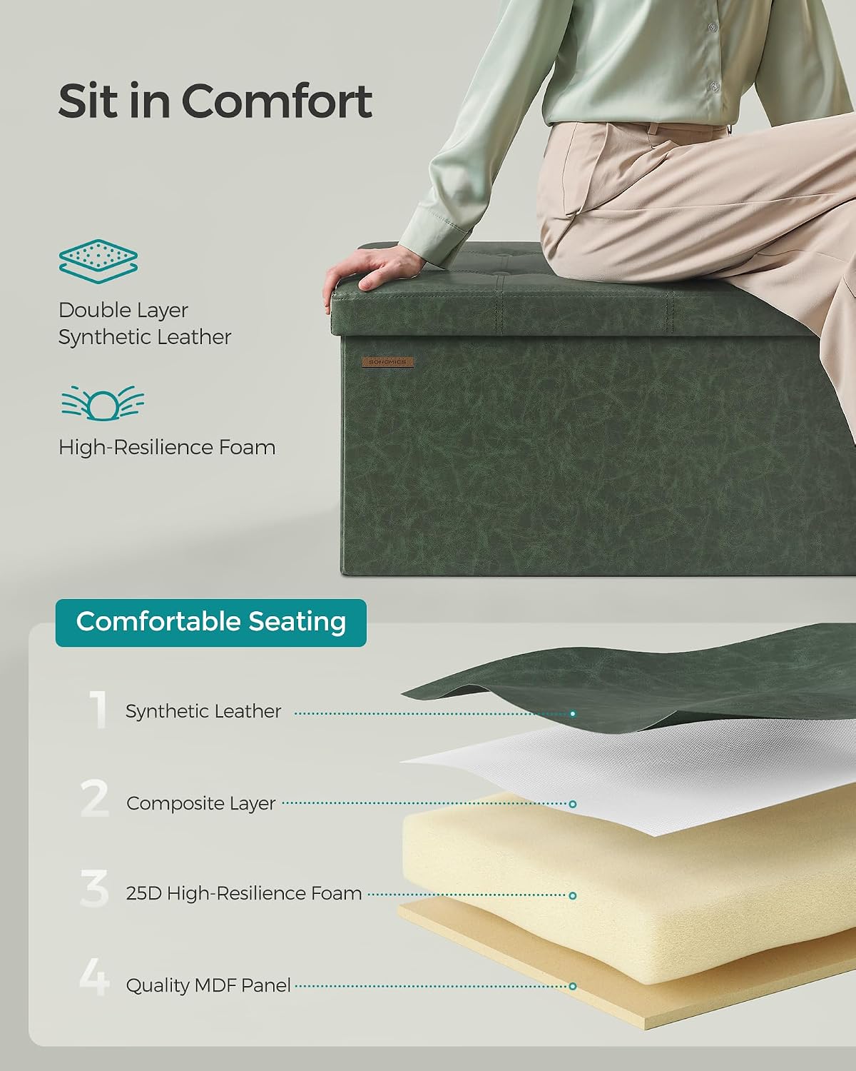 SONGMICS Storage Ottoman Bench, 43.3 Inches Folding Foot Rest Stool