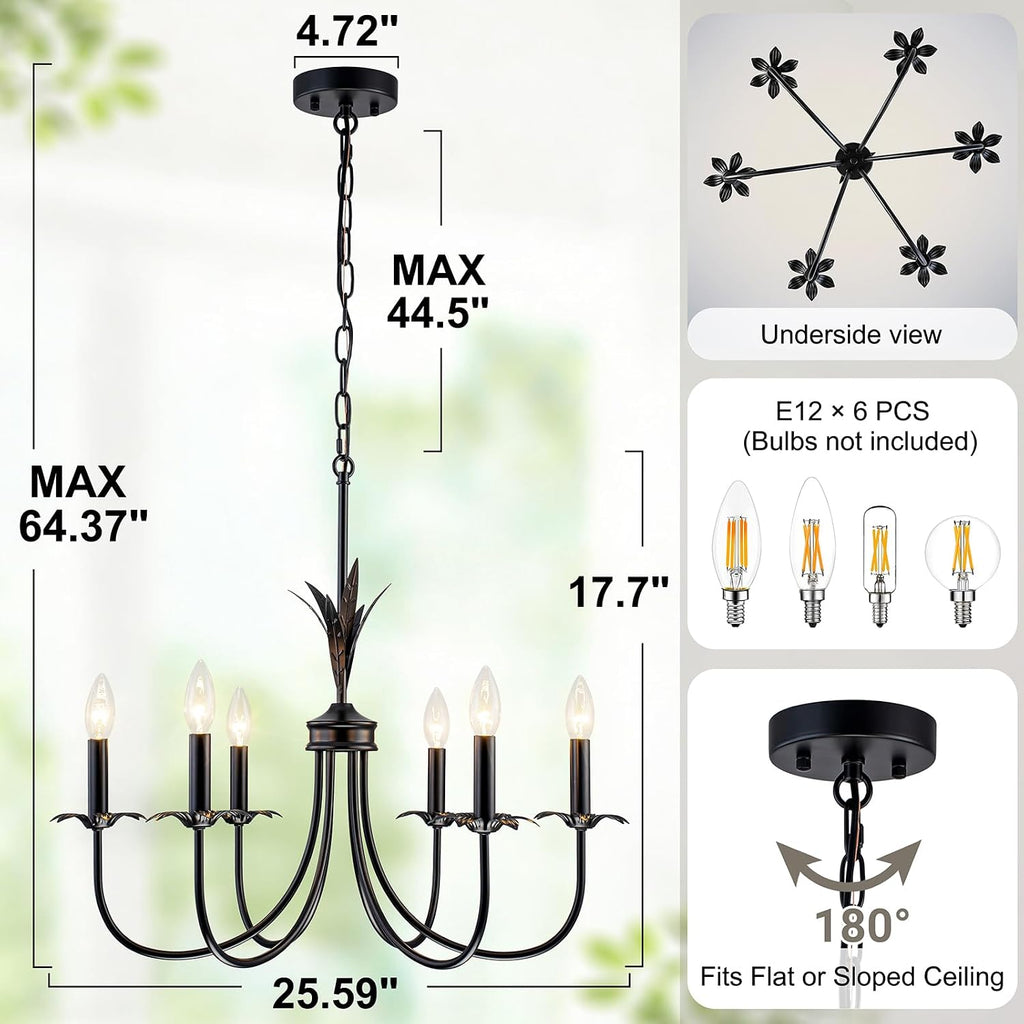 6-Light Flower Black Chandeliers for Dining Room, 26" Farmhouse Chandelier