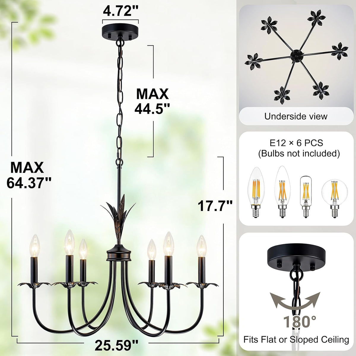 6-Light Flower Black Chandeliers for Dining Room, 26" Farmhouse Chandelier