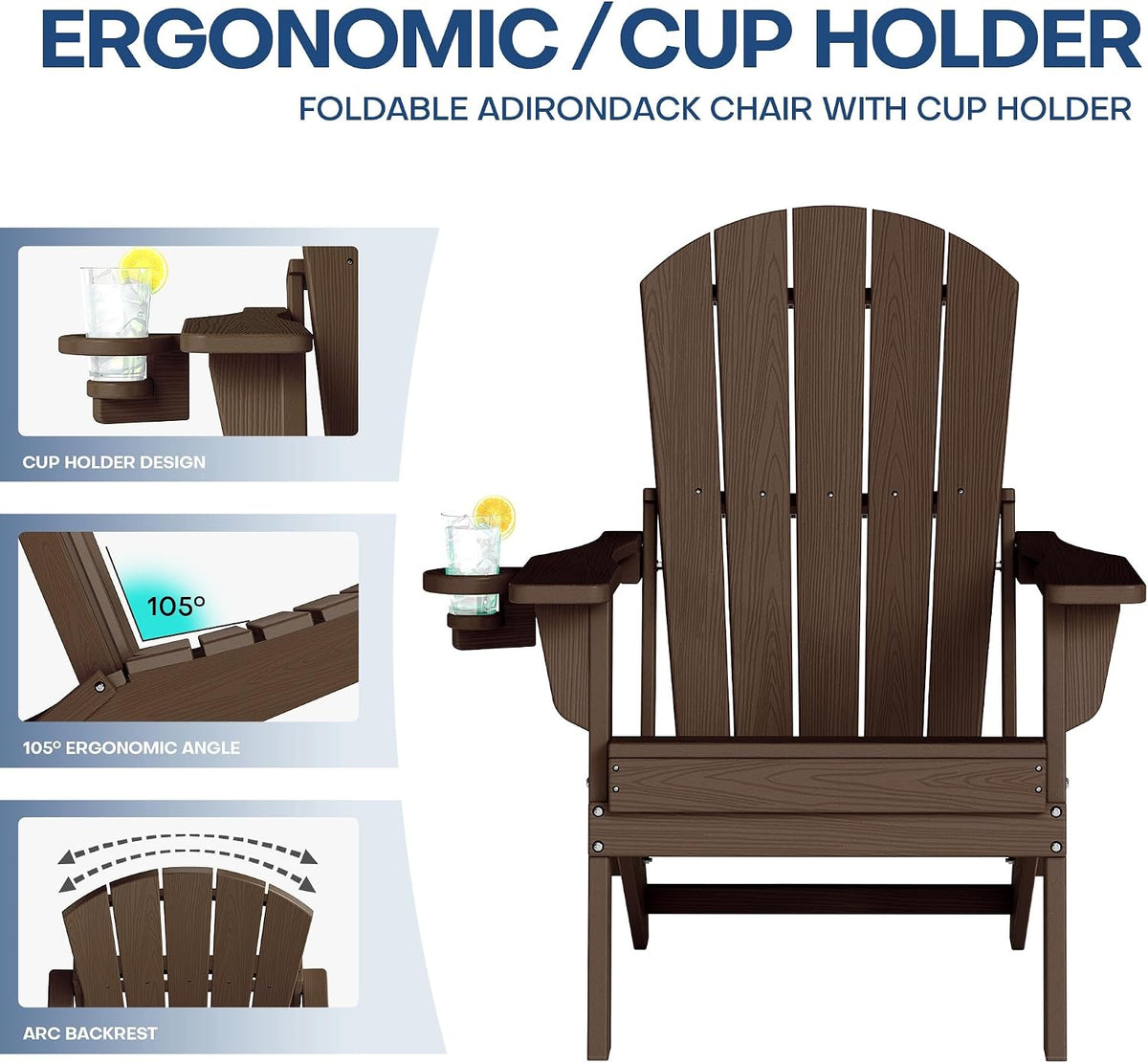 HDPE Folding Adirondack Chair with Cup Holder, Coffee
