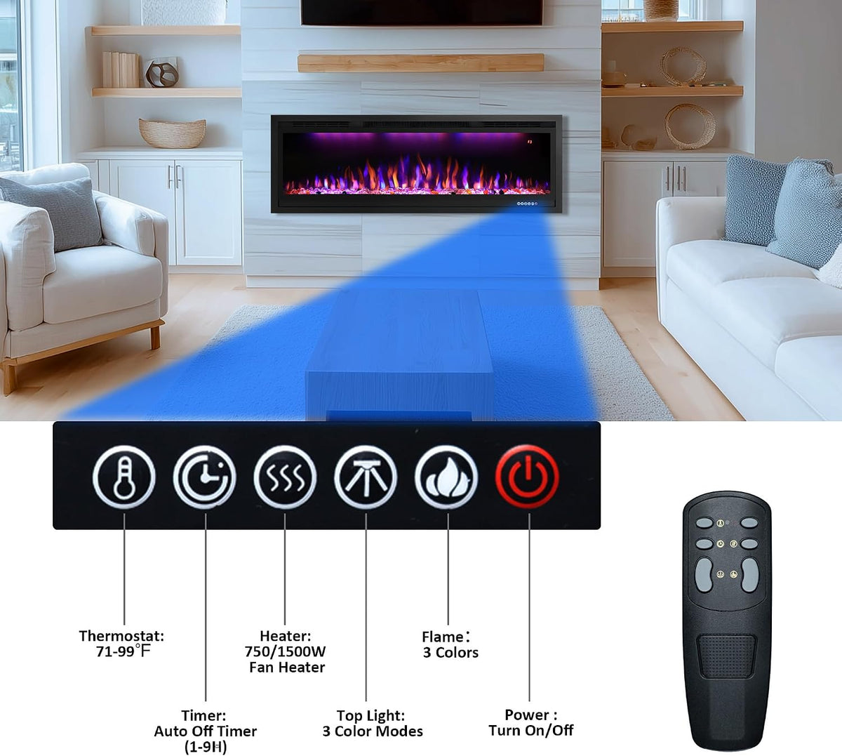 50" WiFi-Enabled Electric Fireplace Insert, APP Smart Control, Wall Mounted&Recessed Linear Fireplace Heater with Thermostat, Flame&Top Lights, Log&Crystal, Timer
