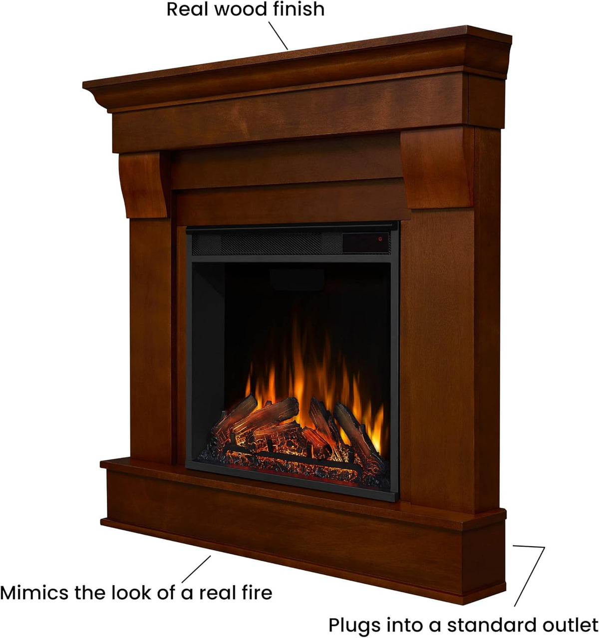 Real Flame Chateau 41" Corner Electric Fireplace with Mantel for Living Room or Bedroom, Replaceable Fireplace Insert Heater, Realistic Log and Flame Effect, Remote Control, Timer.