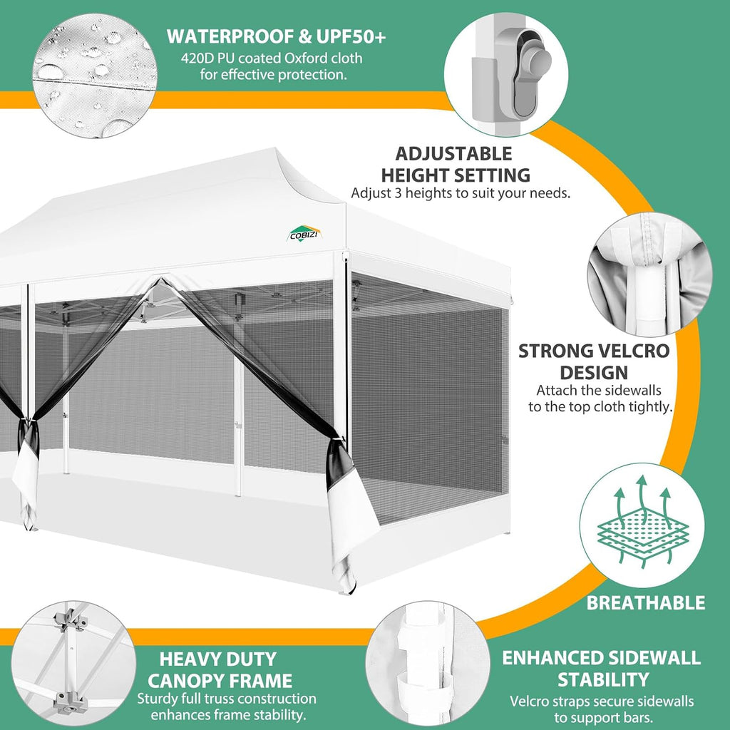 COBIZI 10x20 Heavy Duty Pop Up Canopy Tent with 6 Mosquito Netting Walls