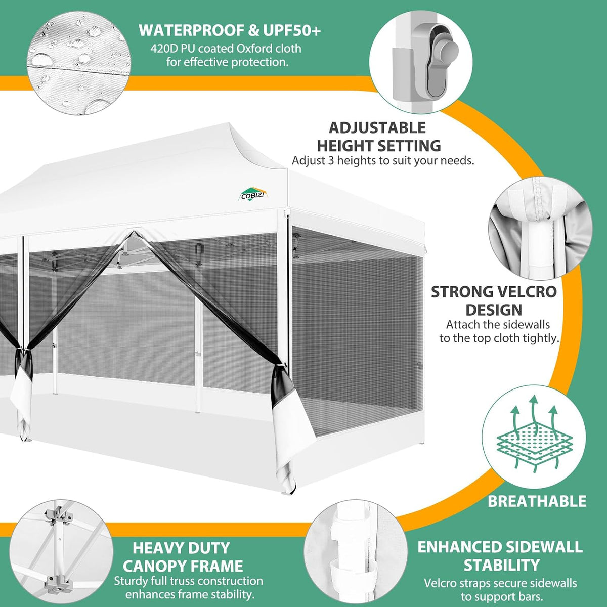 COBIZI 10x20 Heavy Duty Pop Up Canopy Tent with 6 Mosquito Netting Walls