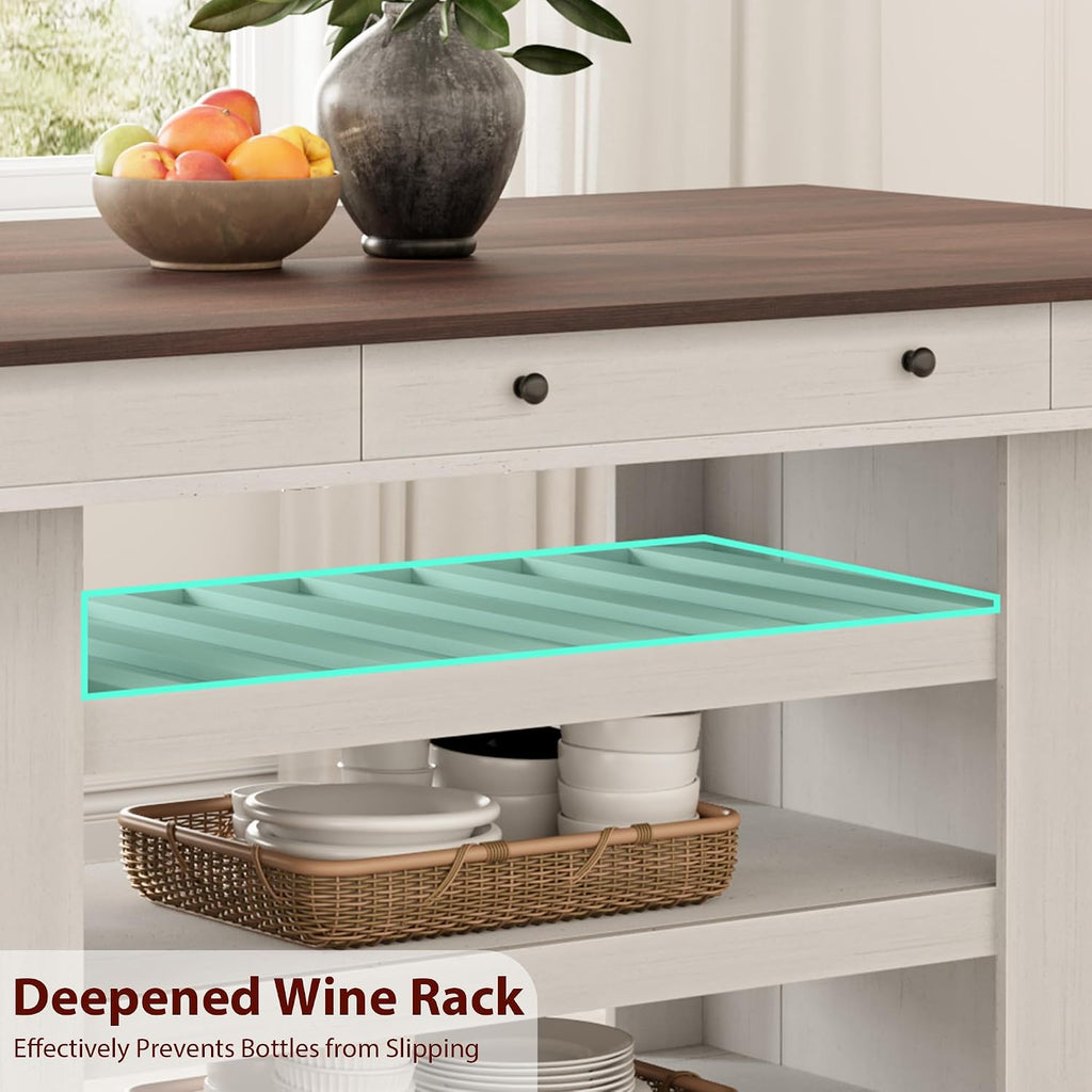 GAOMON 60" Counter Height Dining Table for 4-6, Farmhouse Rectangular Bar Height Kitchen Table & Thick Table Top, with Deepened Wine Rack & Shelves for Kitchen, Bar, Retro White & Brown