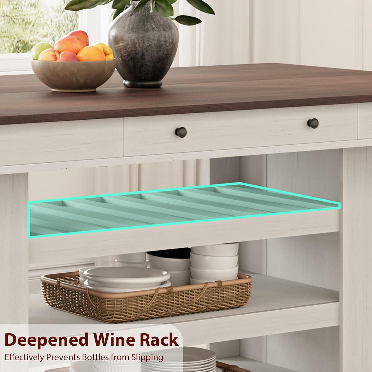 GAOMON 60" Counter Height Dining Table for 4-6, Farmhouse Rectangular Bar Height Kitchen Table & Thick Table Top, with Deepened Wine Rack & Shelves for Kitchen, Bar, Retro White & Brown