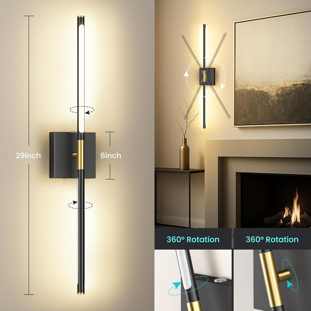 10000mAh Battery Operated Wall Sconces Set of 2, Black Gold-29Inch