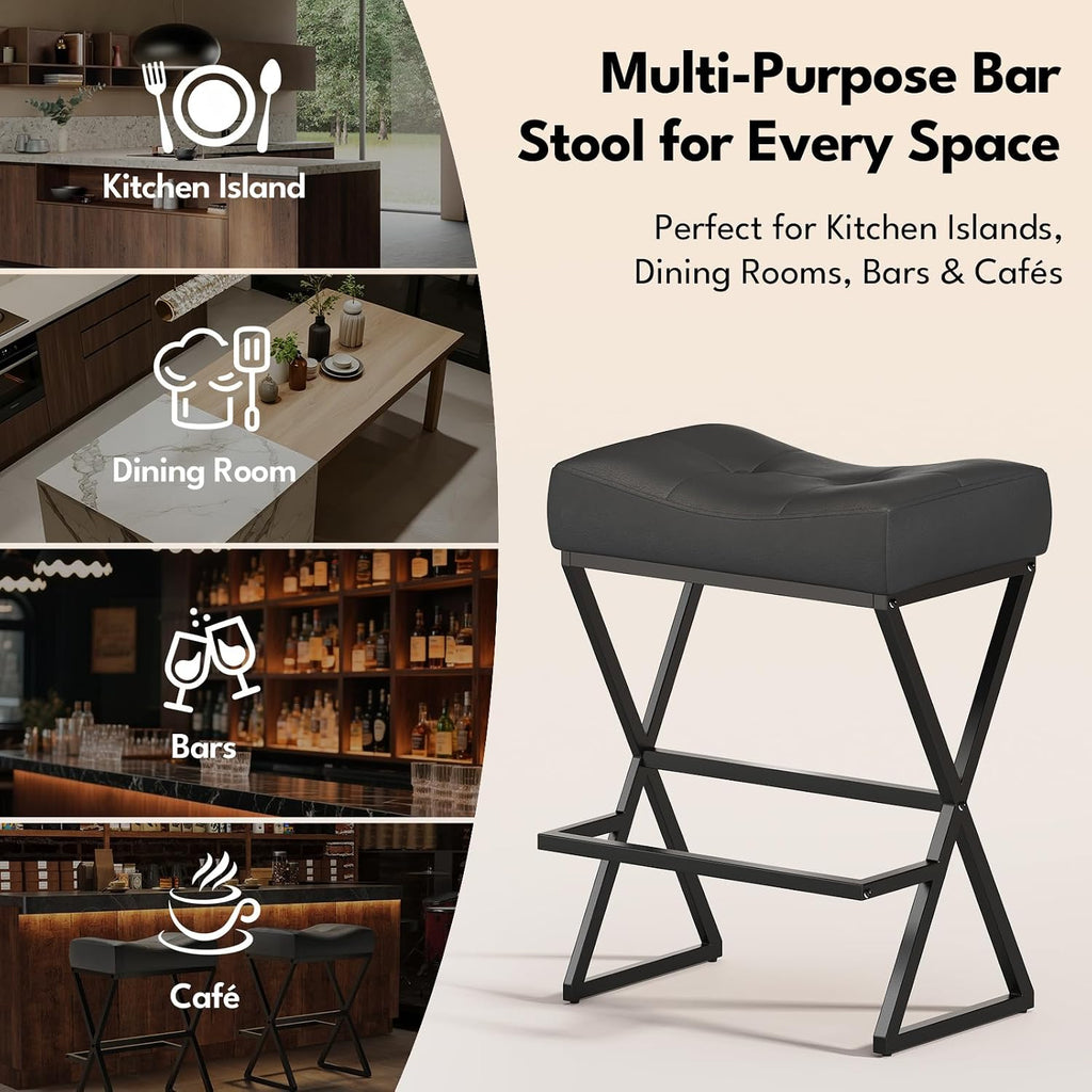 Counter Height Bar Stools Set of 2, Backless 26" Saddle Barstools, Grey