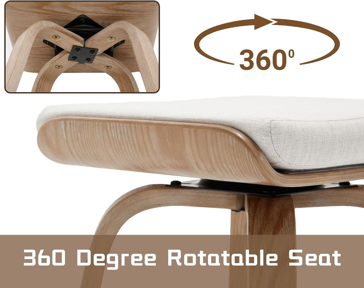 HNY 26" Swivel Bar Stools Set of 2, Backless Counter Height Bar Stools with Removable Linen Cushion, 360° Swivel Wooden Saddle Stools with Footrest for Kitchen Island, Home Bar & Small Spaces
