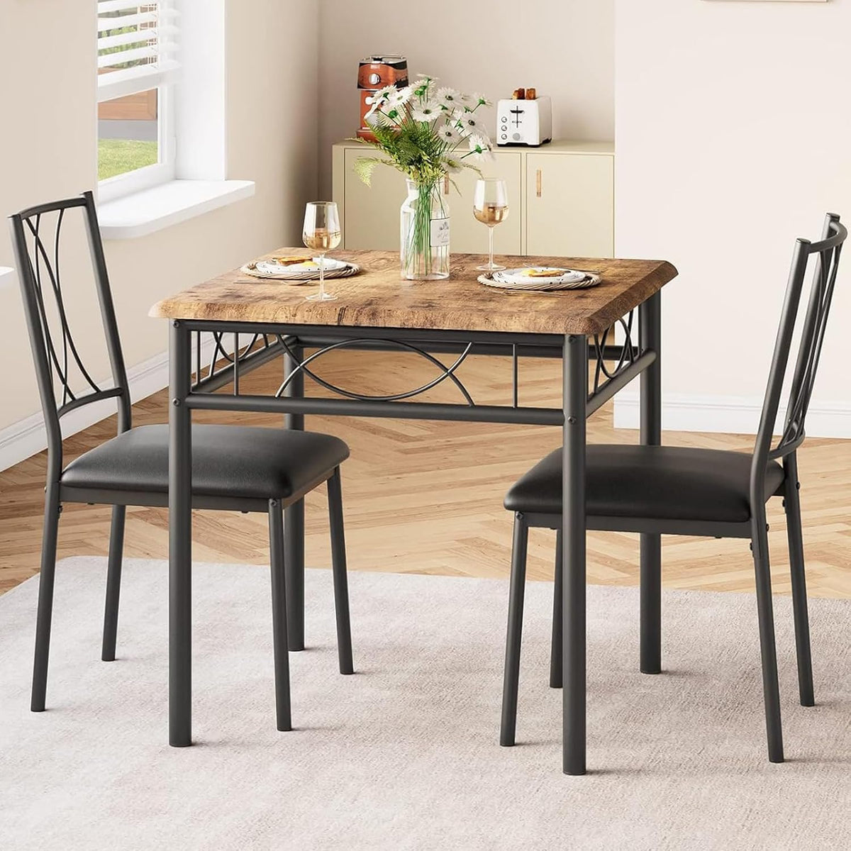 IDEALHOUSE Dining Table Set for 2, Square 3 Piece Kitchen Room Sets with 2 Upholstered Chairs, Compact Dining Room Table Set for Apartment, Small Space, Retro Brown