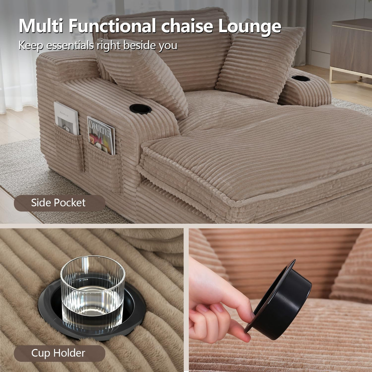 67" Oversized Chaise Lounge Chair Indoor, Soft Boneless Cloud Couch, Camel