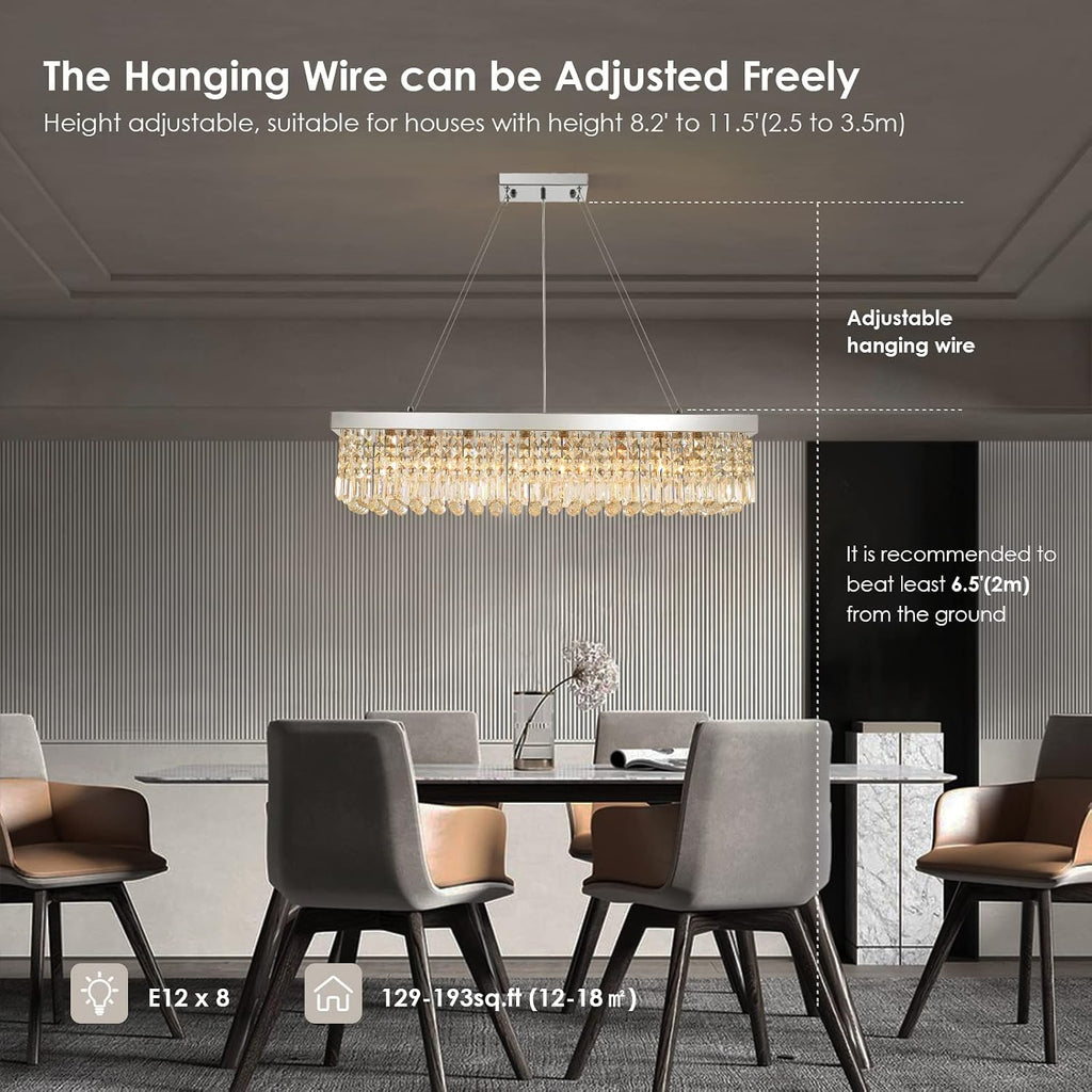 siljoy 8 lights modern crystal chandeliers, rectangular k9 showing dimensions