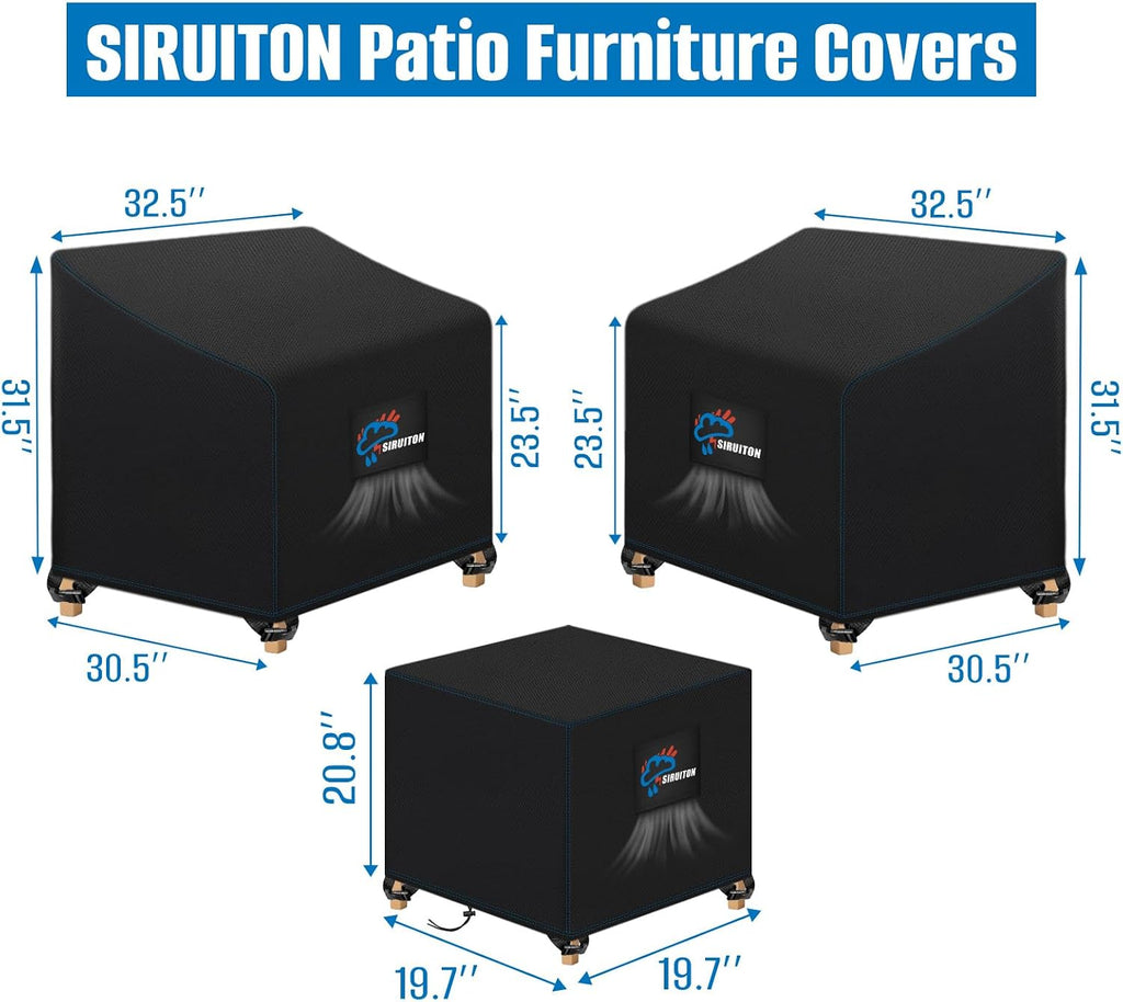 SIRUITON 3 Piece Outdoor Veranda Patio Garden Furniture Cover Set with 420D Durable and Water Resistant Fabric,Fit for Outdoor Wicker Patio Furniture Sets/Rattan Chair Conversation Sets-Balck