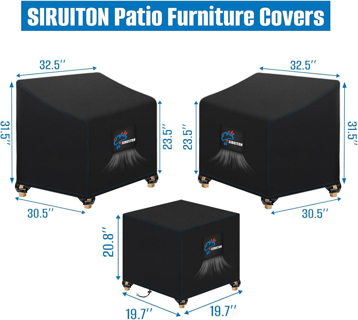 SIRUITON 3 Piece Outdoor Veranda Patio Garden Furniture Cover Set with 420D Durable and Water Resistant Fabric,Fit for Outdoor Wicker Patio Furniture Sets/Rattan Chair Conversation Sets-Balck
