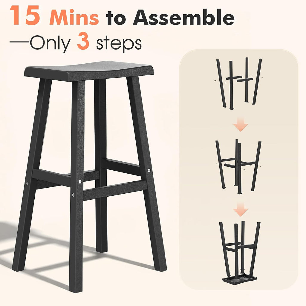 NUNU LAB Polywood Saddle-Seat Counter Height Bar Stools for Kitchen Island with Footrest, HDPE Waterproof Barstools for Outdoor/Indoor, 29-Inch Height, Black, Set of 2