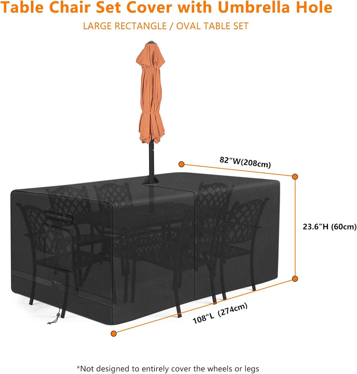 Rectangle Patio Table Cover with Umbrella Hole 108 Lx 82" W x 23.6" H