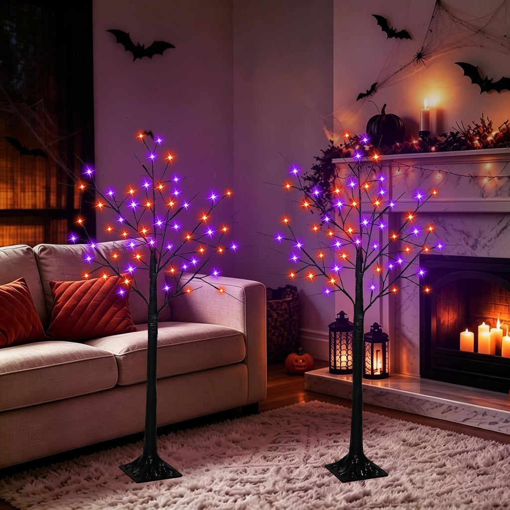 2 Pack 4 FT Lighted Black Halloween Tree Lights with 100 LED Orange Purple