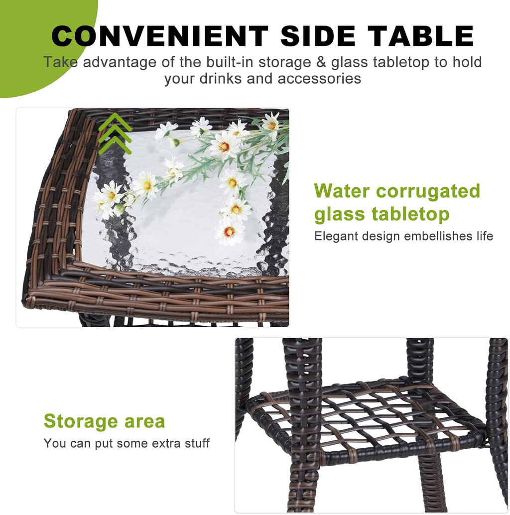 Outvita Rattan Outdoor Side Table with Glass Top & Storage Shelf