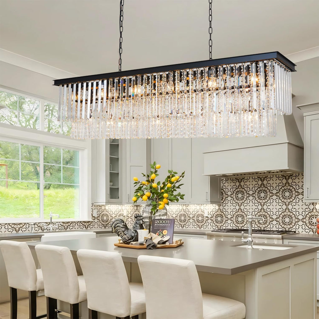 Modern Black Rectangular Chandelier, Double Layer Crystal Lighing Fixture