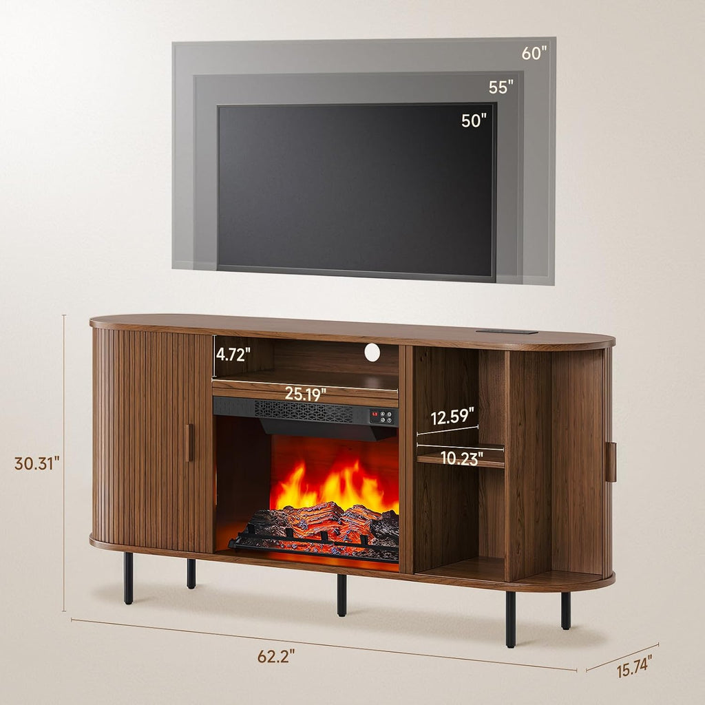 ComfyCorner 63" Fluted Fireplace TV Stand with Sliding Doors & Power Outlet