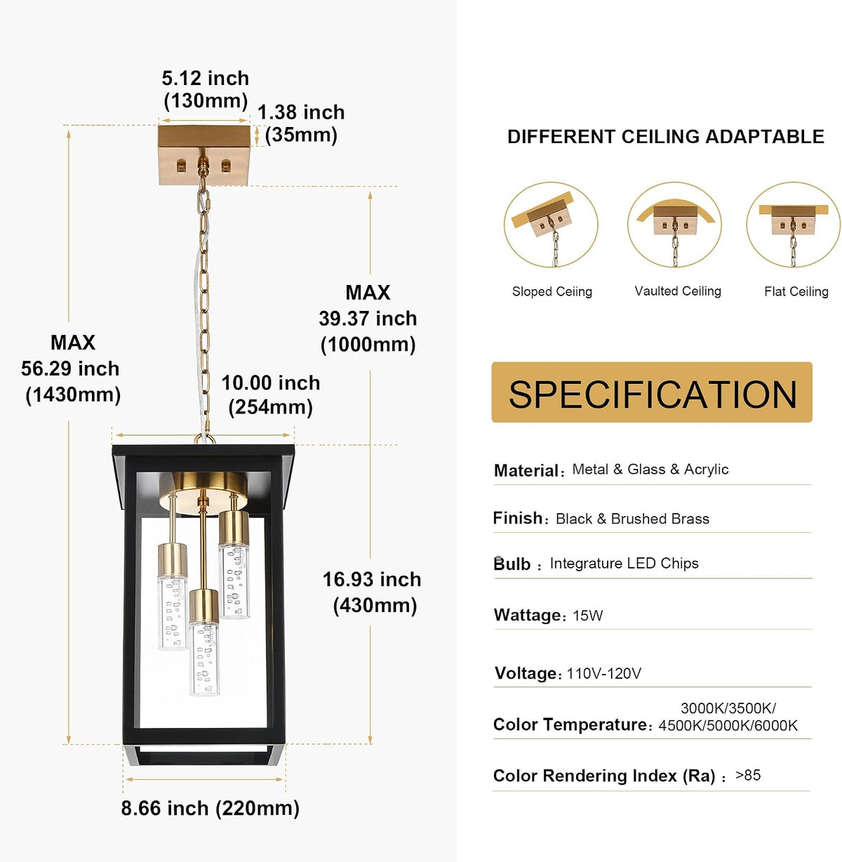TODOLUZ 5CCT LED Large Outdoor Pendant Light Fixtures, 3-Light LED Integrated Bulbs Included Modern Outdoor Hanging Lighting Ceiling, Clear Glasss Outside Chandelier for Porch Gazebo Entryway