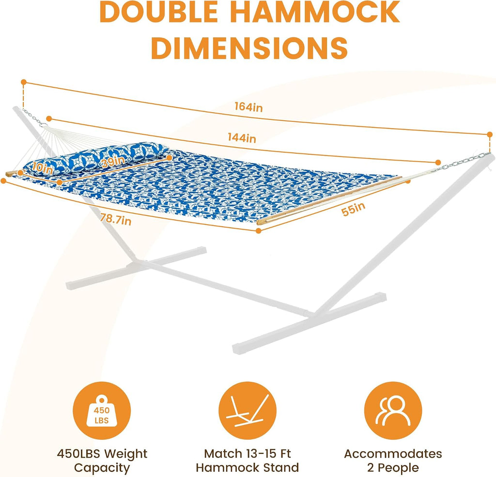 Lazy Daze 12FT Double Quilted Hammock for Outside with Pillow, Floral Navy