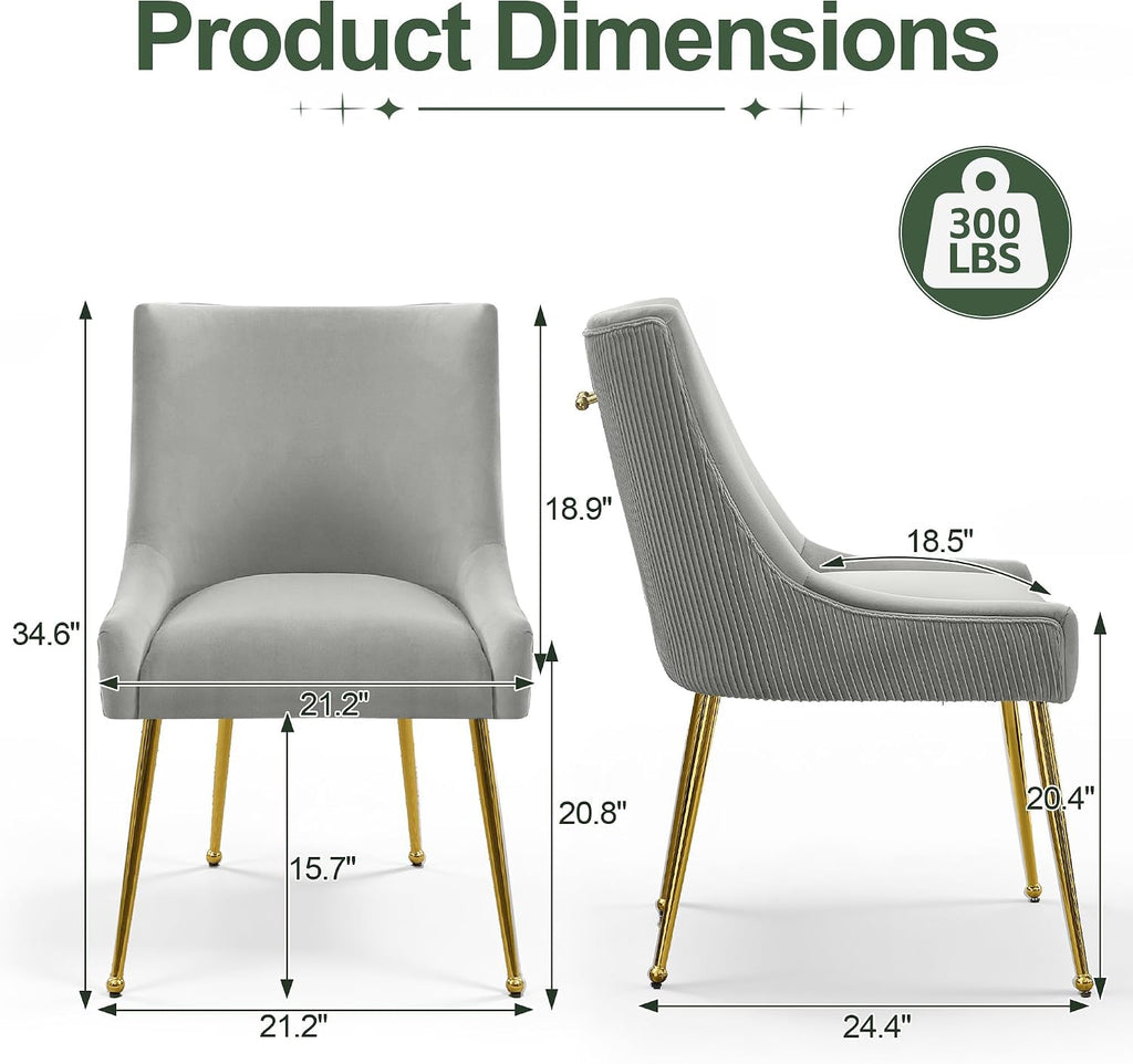 Upholstered Modern Grey Velvet Dining Chairs Set of 6 with Gold Metal Legs