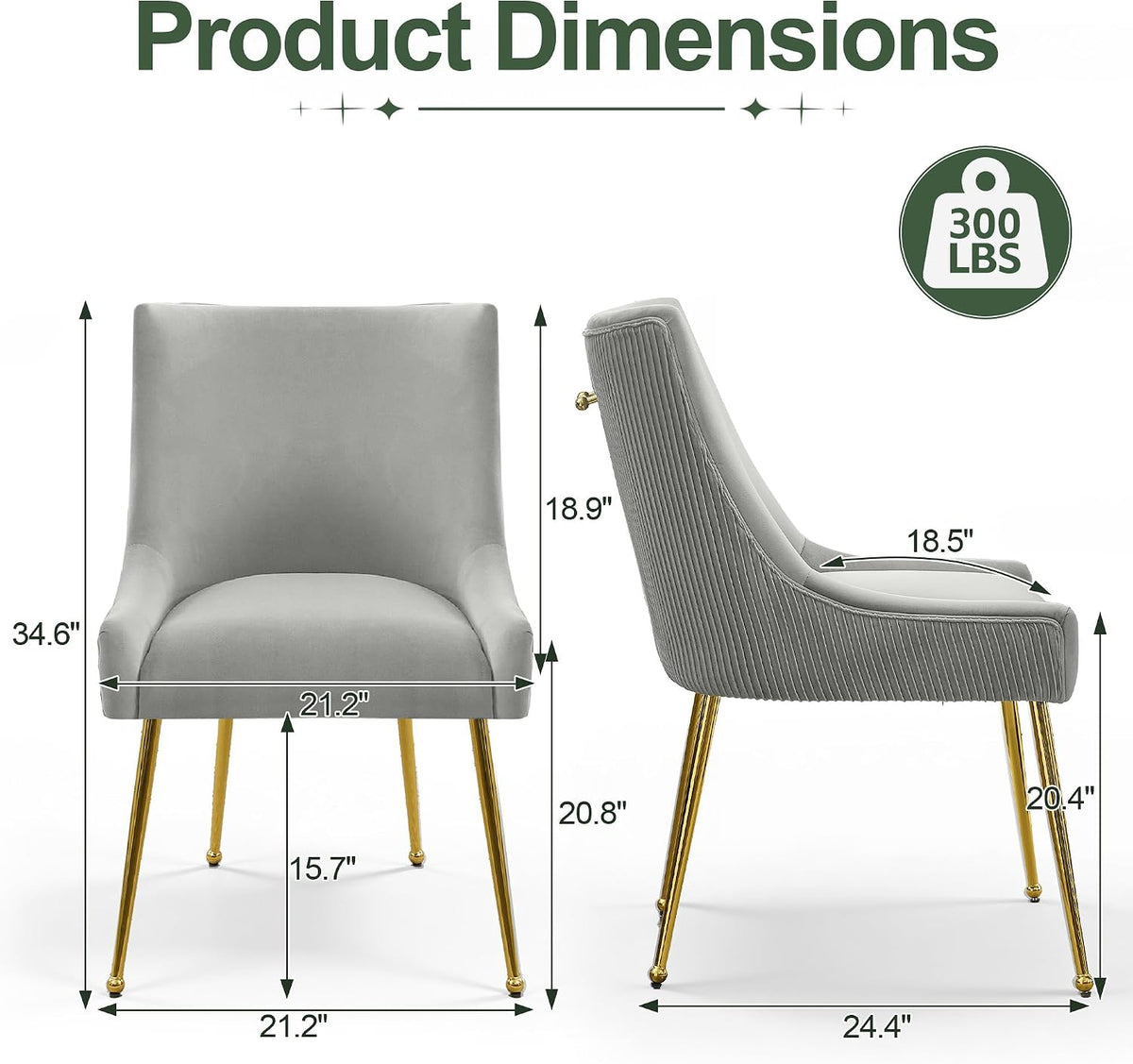 Upholstered Modern Grey Velvet Dining Chairs Set of 6 with Gold Metal Legs