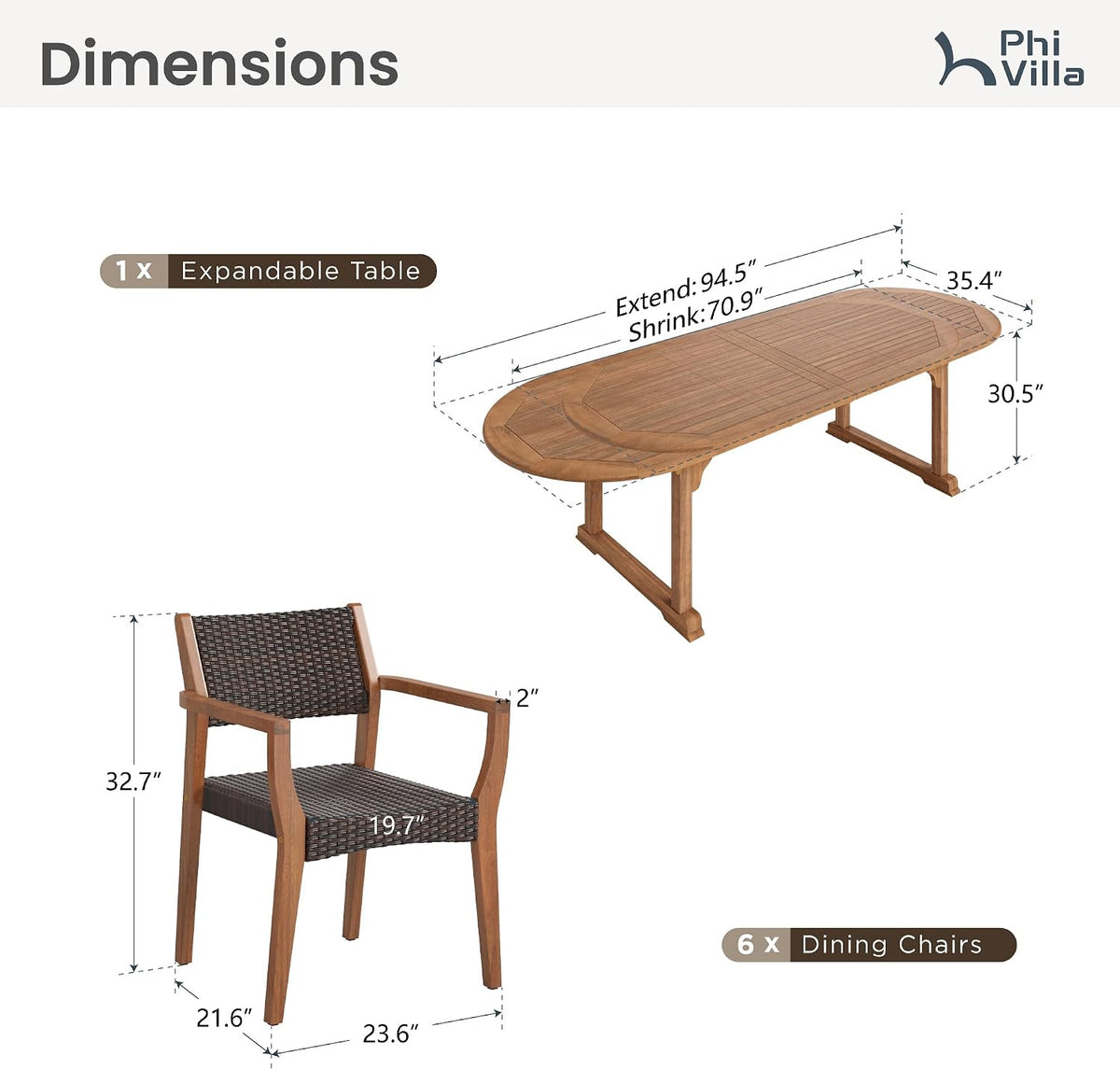 PHI VILLA Outdoor Dining Set for 6, Expandable Acacia Wood Table & Chairs