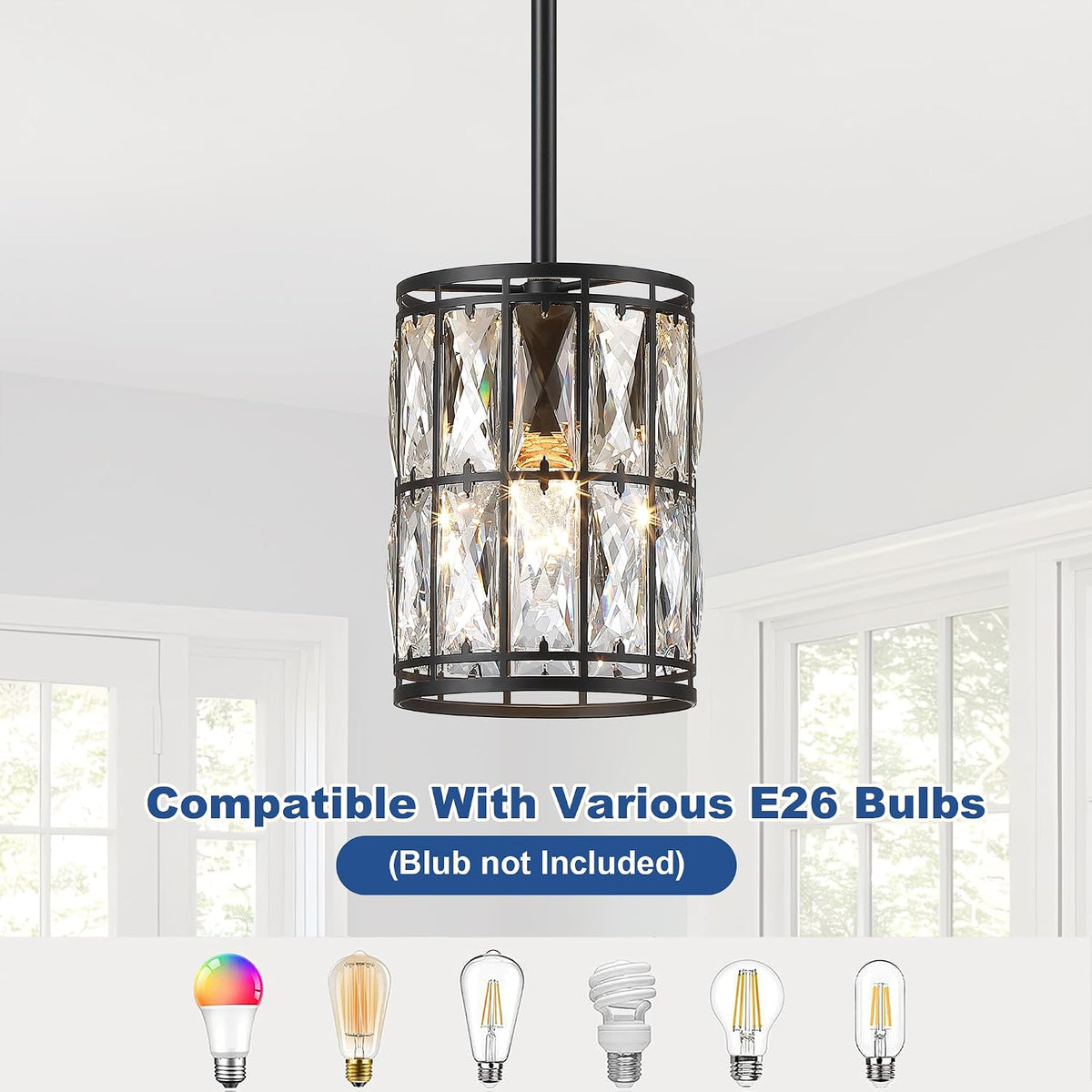 Modern Crystal Pendant Light Fixture 2-Pack Matte Black Finish Hanging Lighting Crystal Chandelier for Living Room, Kitchen