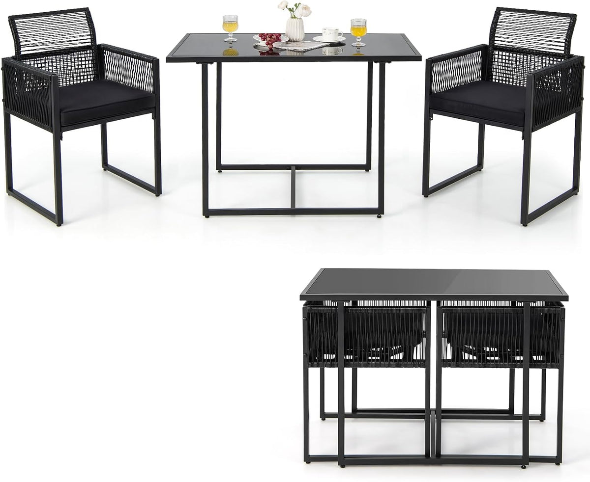 Tangkula 3 Pieces Outdoor Dining Set, PE Rattan Patio Furniture Set with Folding Backrest, Cozy Seat Cushions, Tempered Glass Tabletop, Space-Saving Bistro Table and Chairs Set of 2 for Backyard Pool