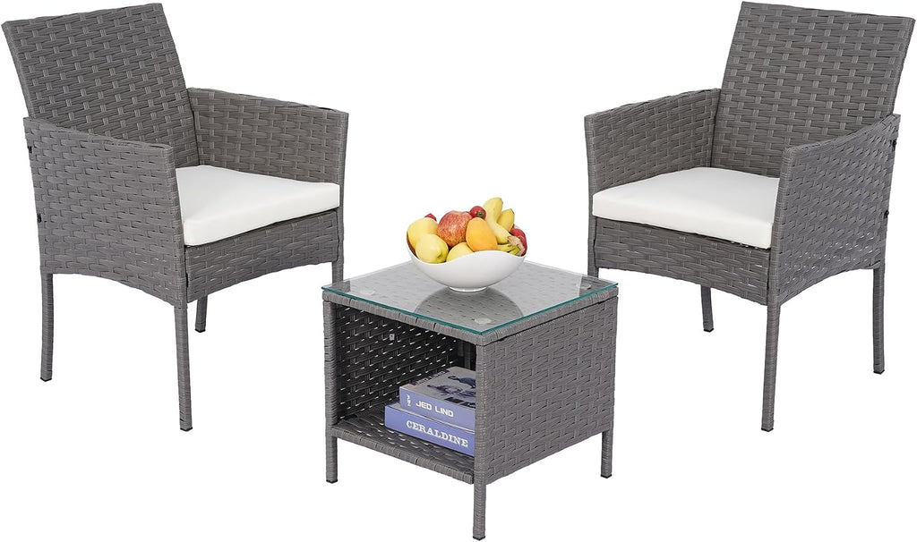 3 Piece Patio Furniture Set, Gray Wicker Chairs with Beige Cushion