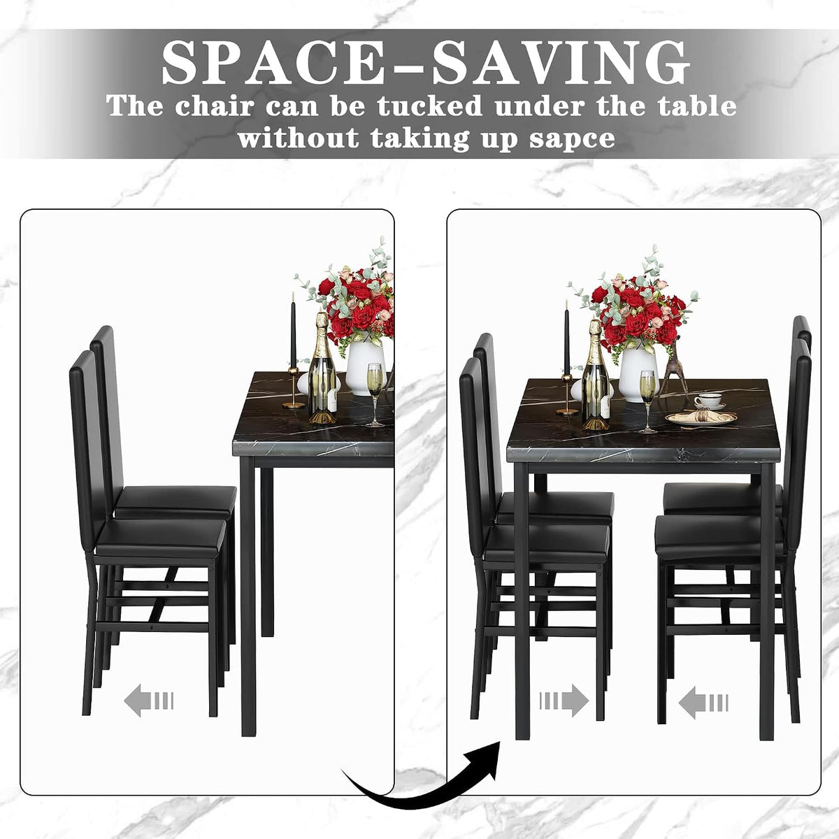 Hooseng Dining Table Set for 4, Modern Faux Marble Kitchen Table with 4 PU Leather Chairs, 5 Piece Dining Room Sets for Dinette, Breakfast Nook, Black (Set of 4)