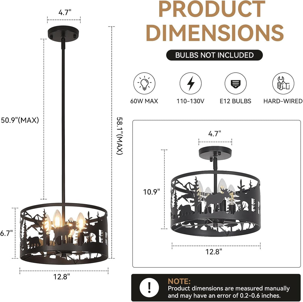 Rustic Deer Bear Cabin Chandelier, 4-Light Farmhouse Pendant Light