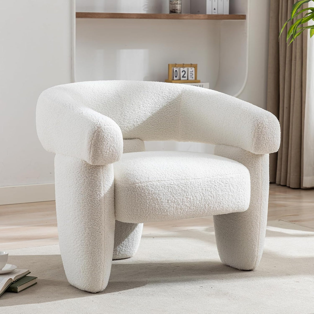 Boucle Barrel Accent Chair Modern Teddy Round Armchair, Cream White