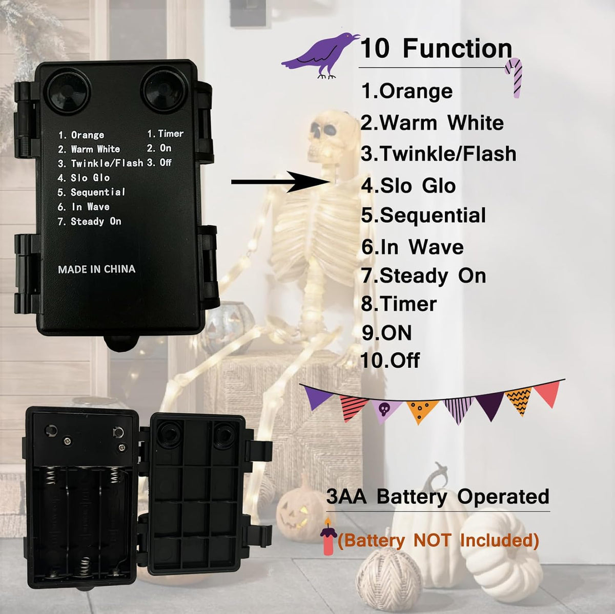 Hairui Lighted Black Eucalyptus Garland with Timer 96 LED Orange and Warm White Fairy Lights,Halloween Garland with Lights 6FT Battery Operated with 10 Functions for Fireplace Halloween Decoration