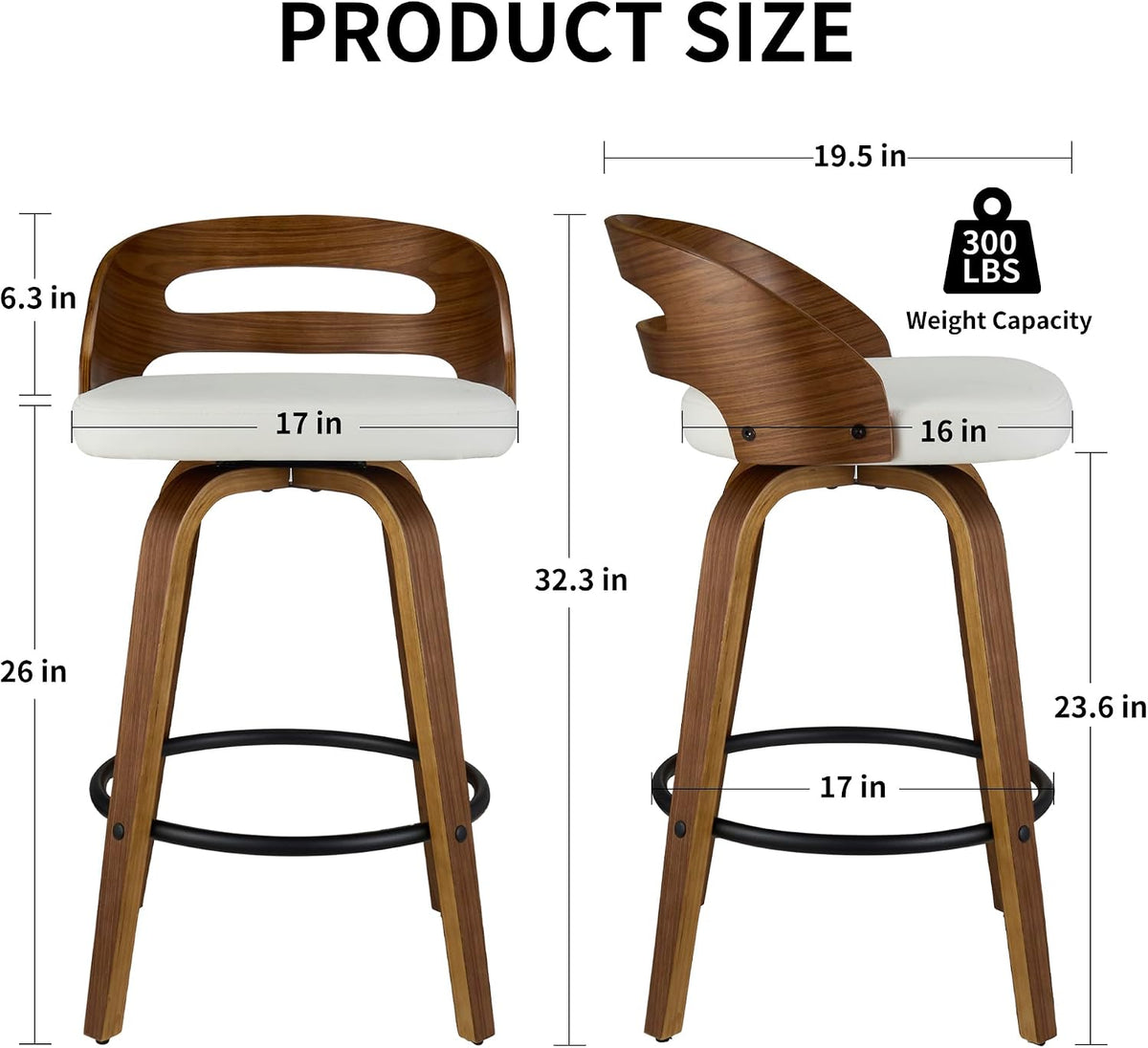 26" swivel pu leather counter height bar stools, close-up detail