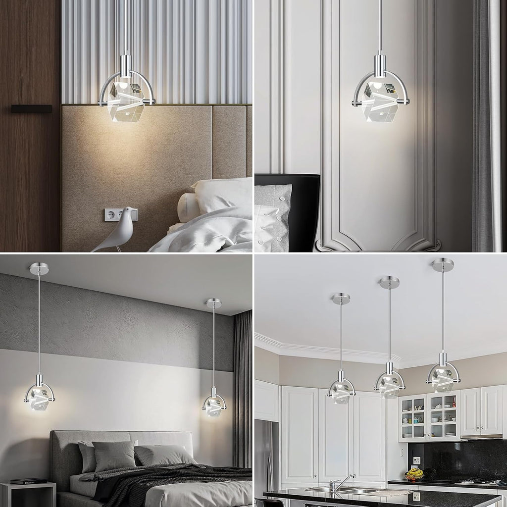 Pendant Ceiling Light Fixture for Kitchen Island, Modern Mini Integrated LED Hanging Light, Crystal Pendant Light in Chrome, Bedroom, Dining Room, Bar (1-Lights)
