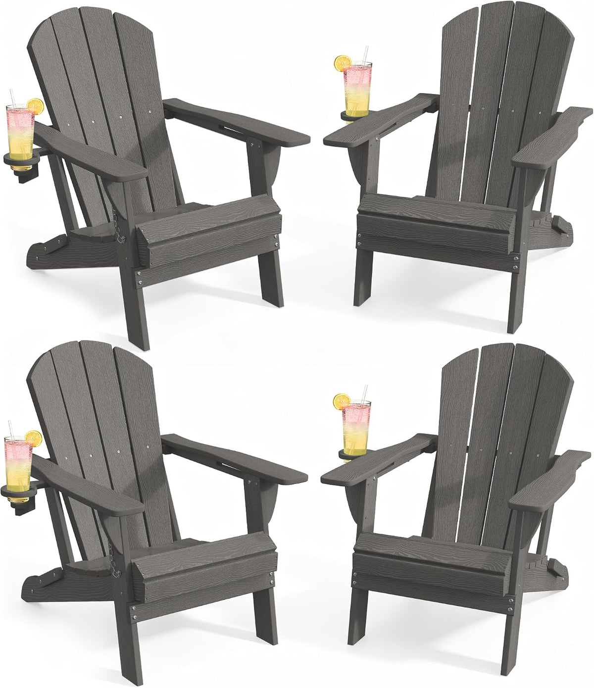 AreShark HDPE Folding Adirondack Chair with Cup Holder, Set of 4, Gray