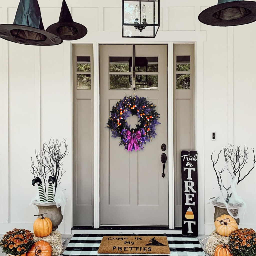 idyllic 22 Inches Halloween Door Wreath, Black Halloween Wreaths for Front Door with Purple Bow Witch Ornaments Decorations