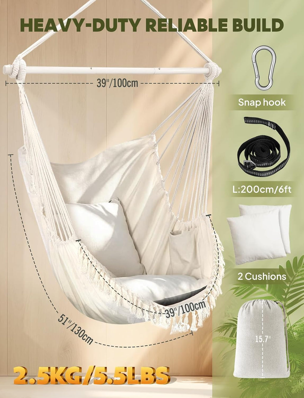 Chihee Hammock Chair Max 500 Lbs 2 Cushions Spreader Bar Strap Carabiner
