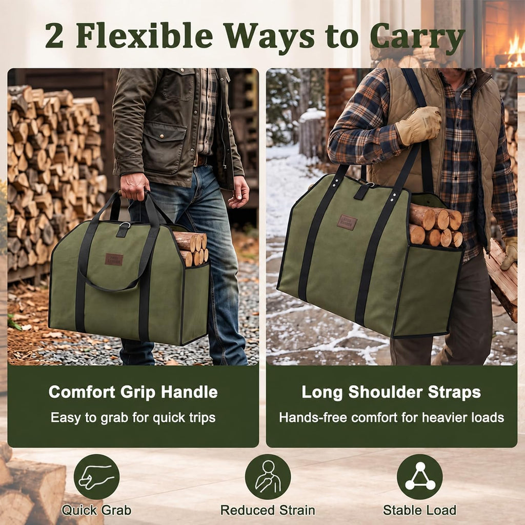 FEED GARDEN Extra Large Firewood Carrier, Waxed Canvas Log Carrier, Green